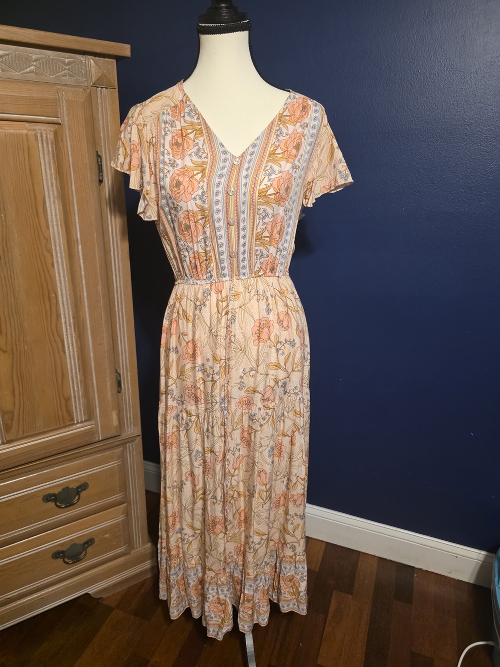 Peach Floral Midi Dress with V-Neck
